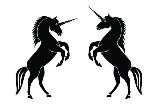 Line art vector of unicorn legendary creature seems horse with horn forehead and action lifting  front leg drawing in black and white