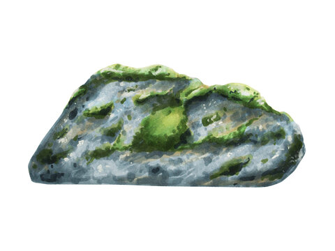 recommend clip art: Watercolor big stone with moss isolated on white background. For designers, decoration, postcards, wrapping paper, scrapbooking, covers, logos, invitations, posters and textile