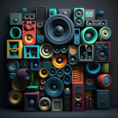 a bunch of speakers that are on a wall of some sort in a room with a lot of different colors shapes on it and a black background full max volume it rumbles music voice electronic bass Generative AI 