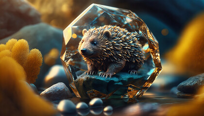 crystal hedgehog, art figurine, riding animal for games. Created using artificial intelligence.