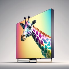 A tv internal screen displays a rainbow-hued giraffe window 3d plasma lcd  spotted 
long neck Generative AI 