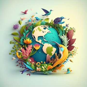 World environment and earth day concept with colorful eco friendly enviroment tree color paint eart globe plants and animals living bird underwater Generative AI