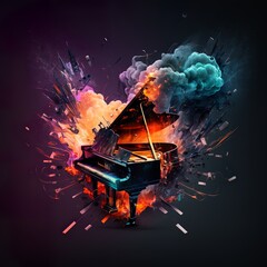Exploding grand piano bursting with fire and smoke,,laser light background music art burning the stage falling to pieces parts fly instrument flame cloud of smoke Generative AI 