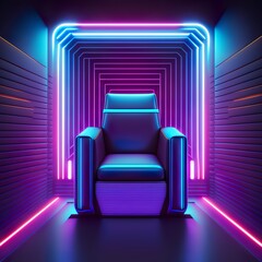 Science fiction neon futuristic retro club seat chair with striped wall glowing rectangle lasers in blue purple. Illustration of a vibrant synth wave cyber interior stage made of cement Generative AI