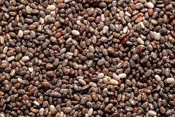 Chia seeds close up. Chia seeds macro. Dry healthy supplement for proper nutrition.
