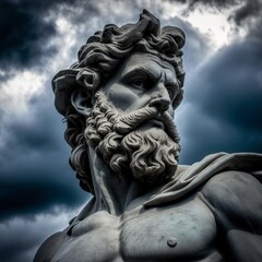 stone sculpture of serious Greek man with curly beard placed against sky with dramatic clouds giant ancient hair Generative AI 
