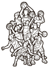 Fototapeta na wymiar Basketball Team Women Players Action Cartoon Sport Team Graphic Vector