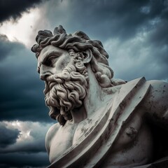 stone sculpture of serious Greek man with curly beard placed against sky with dramatic clouds giant ancient hair Generative AI 
