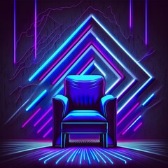 Science fiction neon futuristic retro club seat chair with striped wall glowing rectangle lasers in blue purple. Illustration of a vibrant synth wave cyber interior stage made of cement Generative AI