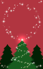 クリスマス☆縦型イラスト素材 ツリーとキラキラ星の丸フレーム 赤背景 色違い・差分有