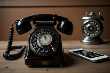 Black rotary phone with a white cord on a wooden table. The phone has a round dial and a few buttons on the base. The table has a vintage look, with visible wood grain and some scratches.