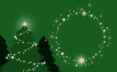 クリスマス☆イラスト素材 ツリー大とキラキラ星の丸フレーム 緑背景 色違い・差分有
