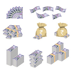 Fototapeta na wymiar Indian Rupee Vector Illustration. Huge packs of India, Bhutan money set bundle banknotes. Bundle with cash bills. Deposit, wealth, accumulation. Falling money 100 INR. 