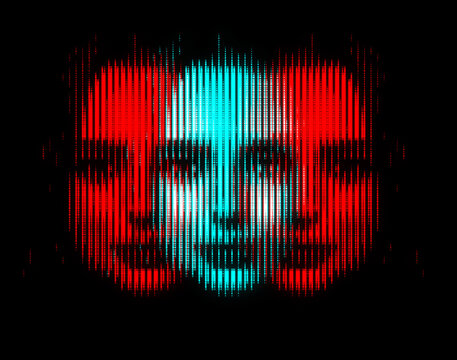 Abstract woman portrait illustration in halftone black and white television screen pixels pattern. Glitched and corrupted female face in halftone and old CRT TVs and VHS pixel style. RGB color split