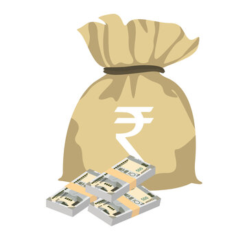 Indian Rupee Vector Illustration. India, Bhutan money set bundle banknotes. Money bag 500 INR. Flat style. Isolated on white background. Simple minimal design.