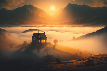 Fototapeta premium A beautiful landscape with a view of one house in the mountains at sunset, sunrise with mists at the bottom, and plenty of copy space. Generative ai