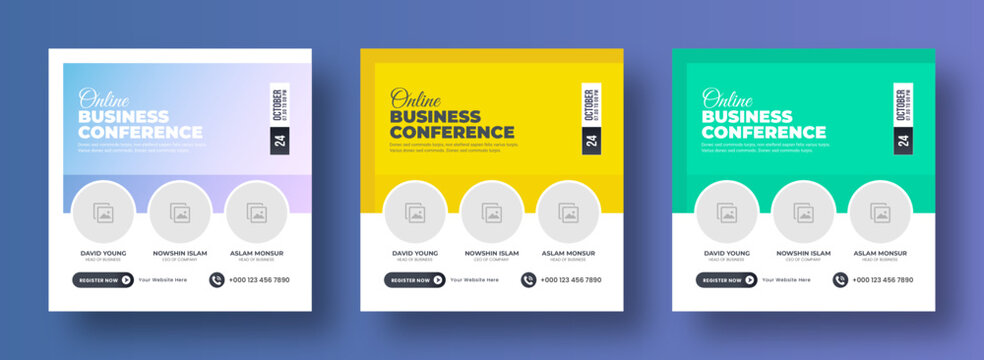 Business webinar invitation design. Webinar and business conference social media post template. Online webinar social media post template. Business conference banner template. Online live webinar.