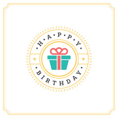 Happy birthday present gift box vintage greeting card typographic template vector flat illustration