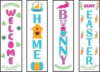 Happy easter color hand drawn lettering calligraphy holiday concept porch sign; Happy easter hand drawn color porch sign; Happy easter vertical lettering porch sign 