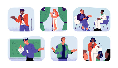 Speaker set. Public speaking, communication on stage, at podium, in front of audience. Politician, celebrity, business person at conference, show. Flat vector illustration isolated on white background