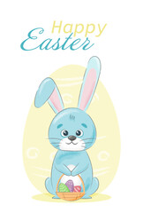Greeting card Happy Easter text with Easter bunny rabbit and colorful eggs. Springtime composition. Vector illustration for designs, prints and patterns. Copy space