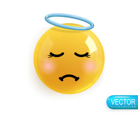 Emoji face of an upset angel. Emotion Realistic 3d Render. Icon Smile Emoji. Vector yellow glossy emoticons.