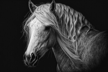 Stark Contrast of Black and White Horse Portrait with Wild Mane - AI Generated