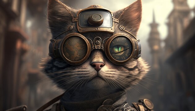 steampunk animals - cat- photorealistic - steampunk goggles - 4K - portrait , generative AI 