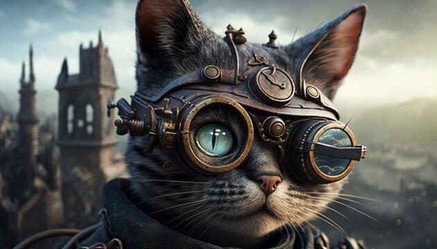 Steampunk Animals - Cat- Photorealistic - Steampunk Goggles - 4K - Portrait , Generative AI 