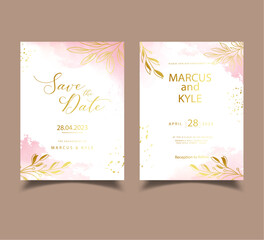 Elegant abstract background. Wedding invitation template with gold floral decoration and pink watercolor brush strokes. Vector illustration.