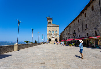 SAN MARINO, JULY 5, 2023 - View of Liberty square with the Public Palace and the Statue of Liberty in San Marino, Republic of San Marino, Europe