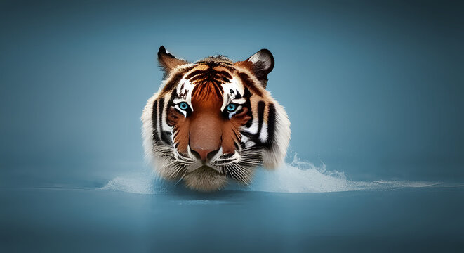 Un tigre majestueux aux yeux bleus saisissants &eacute;merge tranquillement de l'eau.

