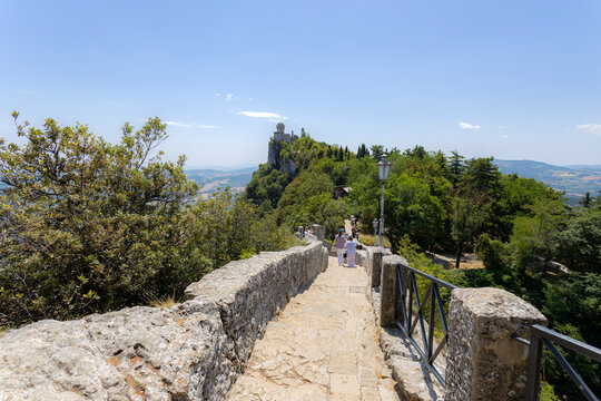 SAN MARINO, JULY 5, 2023 - The patway that leads to the Cesta of Fratta tower in Mount Titan in San Marino, Republic of San Marino, Europe