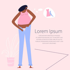 The pregnant woman  trying to put on clothes that do not fit any longer over big belly.  Weight gain during pregnancy. Clothes do not fit anymore pregnant woman. 