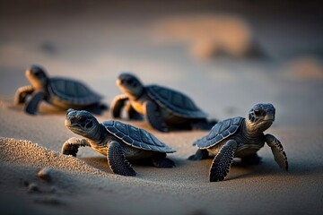 Group of small turtles on the beach. Cute and adorable design, sea life and nature, conservation and protection, youth and innocence, slow and steady progress. Generative AI - obrazy, fototapety, plakaty
