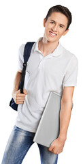 Young happy student posing while holding a notebook and a backpack