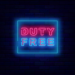 Duty free neon label in blue frame. Minimal typography for airport. Special offer design. Vector stock illustration