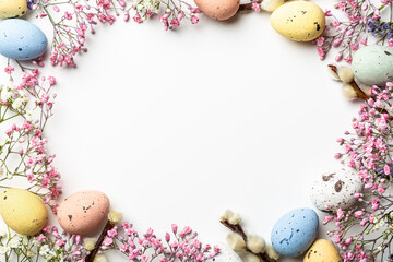 Overhead shot of Easter composition with spring flowers and colorful quail eggs over white background. Springtime and Easter holiday concept with copy space. Top view - obrazy, fototapety, plakaty