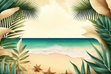 Fototapeta na wymiar Summer sale banner, tropical sea beach with blue sky background. Generative ai.