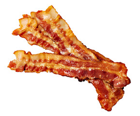 Closeup of slices of crispy hot fried bacon on transparent background. png file - obrazy, fototapety, plakaty