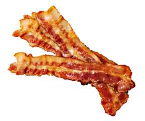 Closeup of slices of crispy hot fried bacon on transparent background. png file