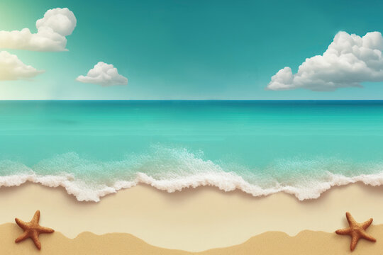 Summer sale banner, tropical sea beach with blue sky background. Generative ai.