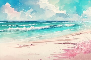 Fototapeta na wymiar Realistic Sea beach background in watercolor style pink pastel color tone. Generative ai.
