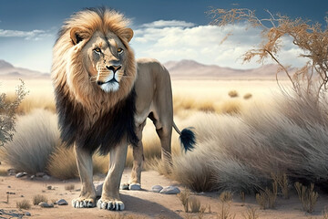 a lion standing in the middle of the savannah, photorealism, generative AI - obrazy, fototapety, plakaty
