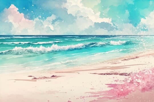 Realistic Sea beach background in watercolor style pink pastel color tone. Generative ai.