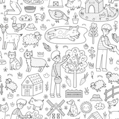 Cute black and white farm animals seamless pattern. Pig in mud, boy gathering apples, sheep and other characters. On the farm countryside background for coloring page. Vector illustration