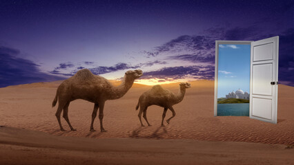 Camel crossing the desert with mosque