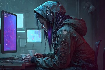 Fototapeta premium cyberpunk style programmer or hacker doing coding, (not any real person in this graphics) Generative AI