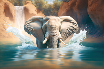an elephant splashing water inside the river, a 3d rendering, photorealism, generative AI