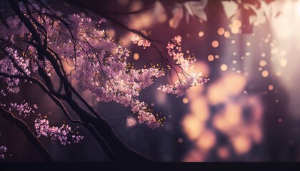cherry flower blossom spring ambient fantasy fairytale mood, idea for background wallpaper, or wall hanging illustration home decor, Generative Ai